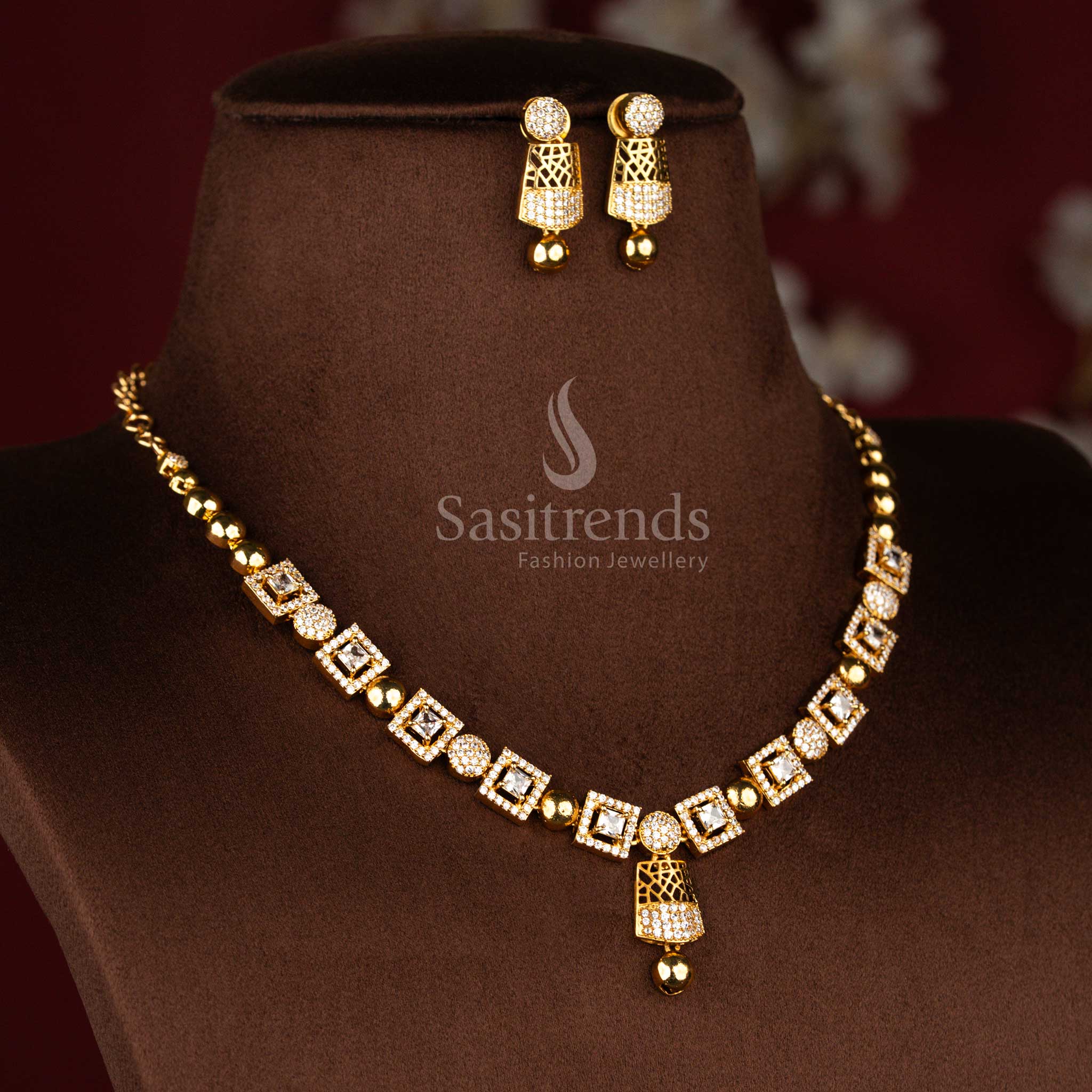 Modern style geometric square motif necklace set decorated with matte gold plating and white AD stone sparkle – Sasitrends