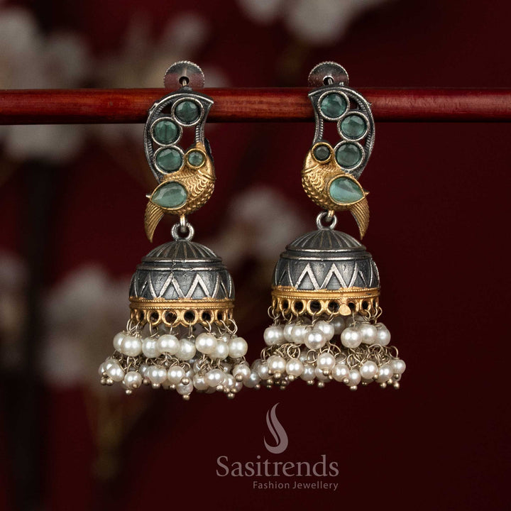 Fresh aura oxidised 92.5 silver mint dual tone peacock Monalisa stone jhumka earrings with pearl hangings for ethnic - jewellery - Sasitrends