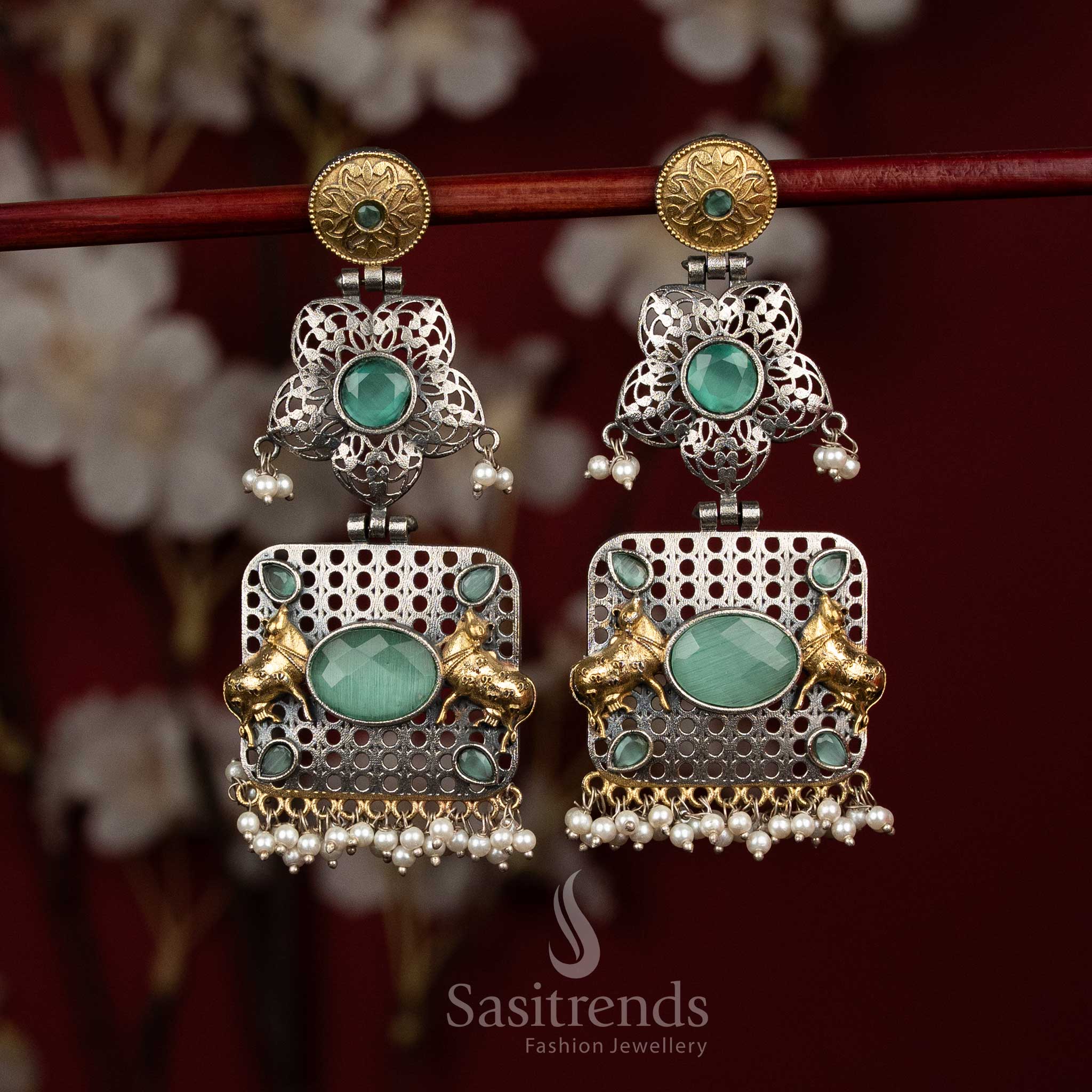 Fresh aura antique oxidised 92.5 silver mint floral mandala Nandi bull panel earrings with oval Monalisa stones and linear pearl fringes - jewellery - Sasitrends