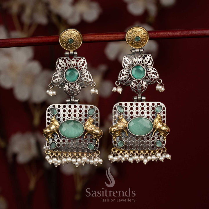 Fresh aura antique oxidised 92.5 silver mint floral mandala Nandi bull panel earrings with oval Monalisa stones and linear pearl fringes - jewellery - Sasitrends