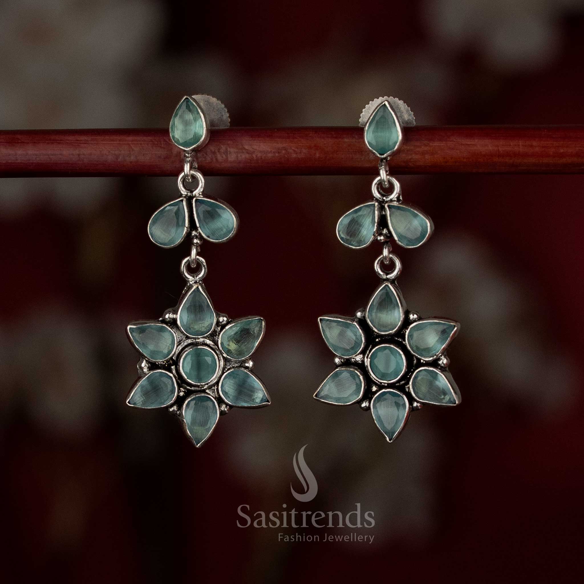 Fresh mint oxidised rosette pear-petal earrings for effortless daily style – Sasitrends