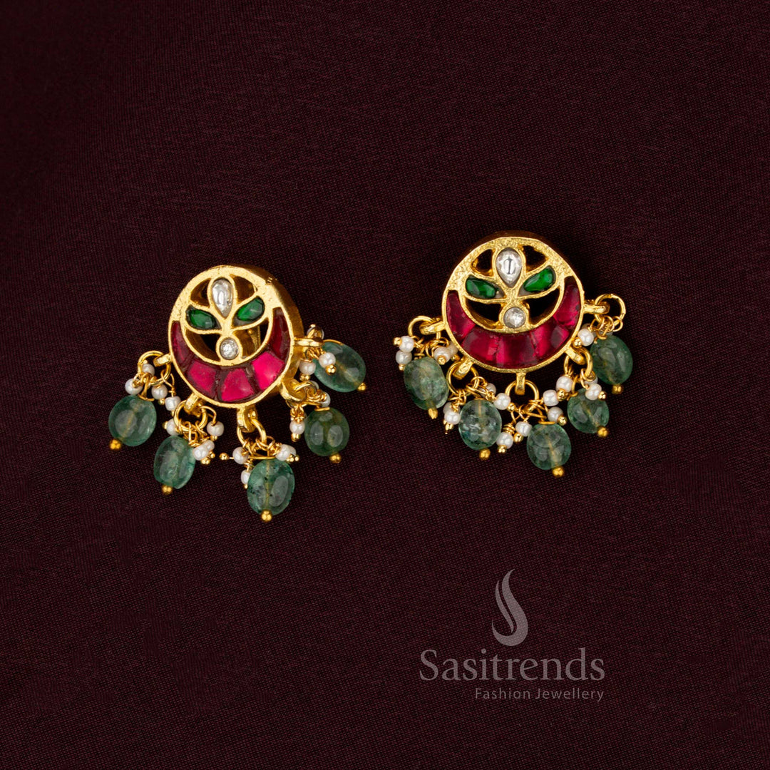 Majestic Crescent Round Multi Color Jadau Bugadi Earrings Gold Plated With Kundan Stones And Pearls By Sasitrends