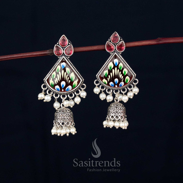 Crimson glow oxidised red Monalisa triangular jhumka earrings with pearl drops for vibrant Navaratri festive styling – Sasitrends