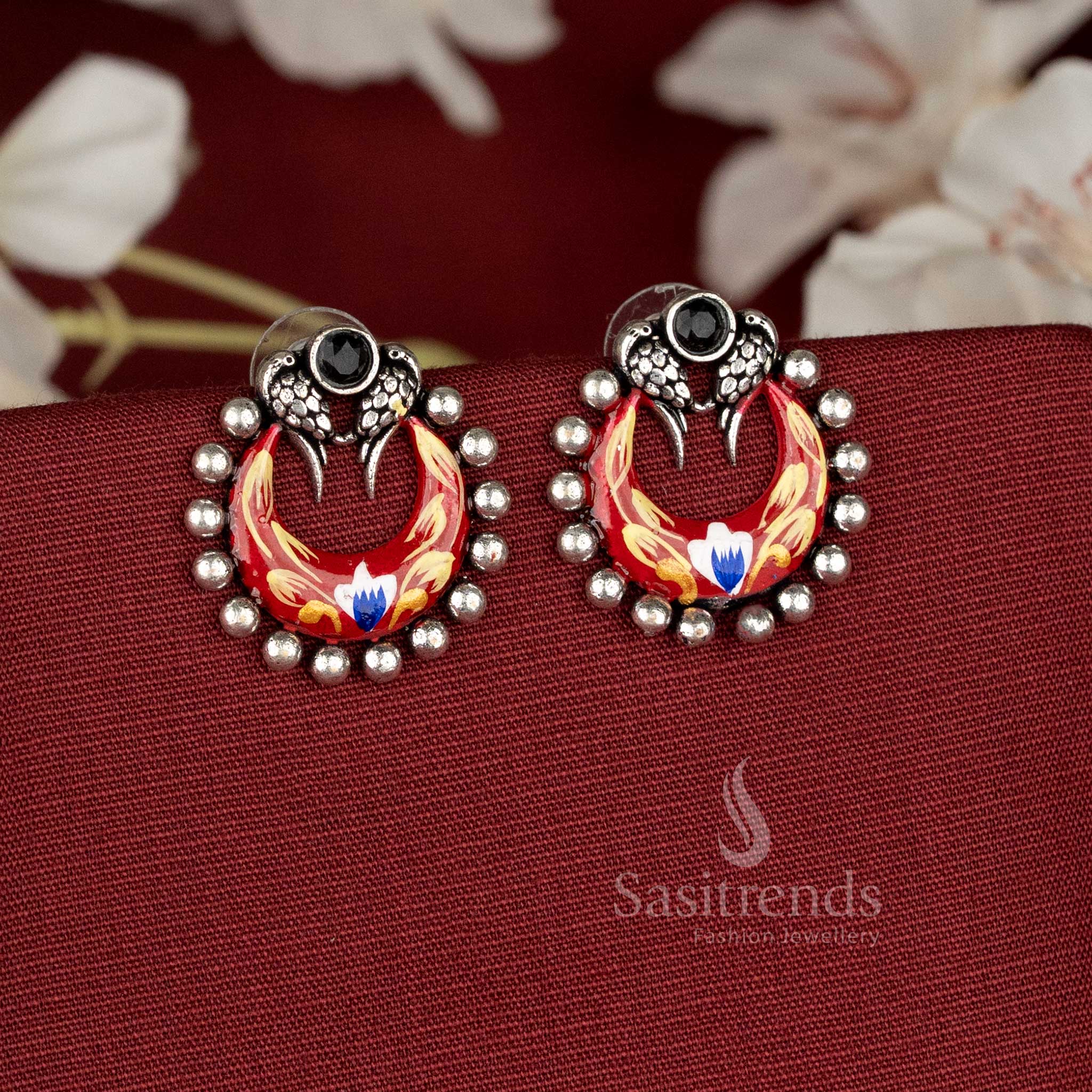 Rubyflare hand-painted oxidised floral cluster earrings in red tones showcasing artistic bloom fusion with striking details – Sasitrends