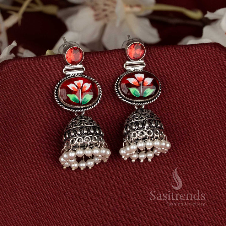 Red bloom oxidised hand-painted jhumka earrings with red Monalisa oval stones for elegant traditional festive wear – Sasitrends