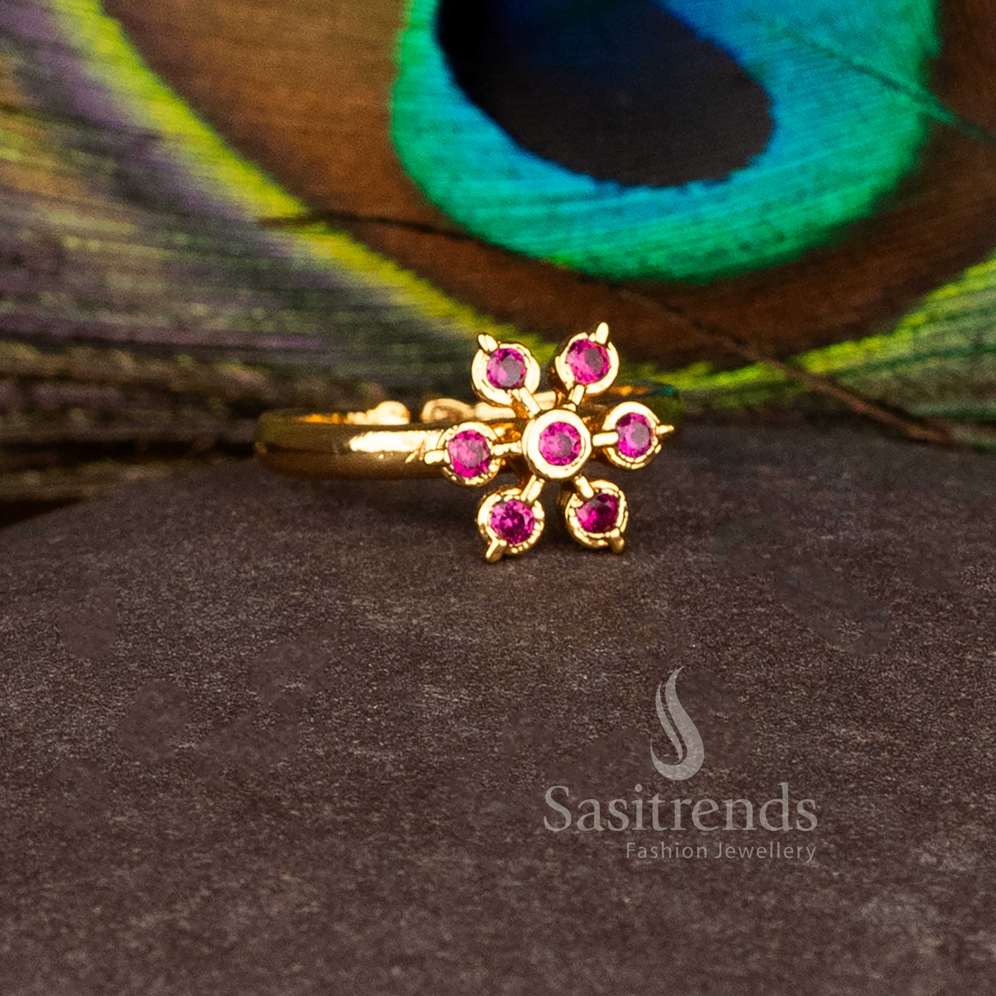 Scarlet Glow ruby AD round flower ring in micro gold plating, perfect for wedding rituals, festive saree drapes, and ethnic celebrations – Sasitrends