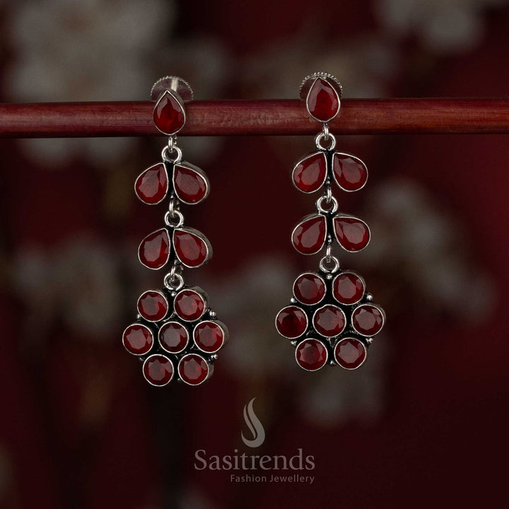 Ruby red oxidised layered floral stone earrings designed for bold daytime wear – Sasitrends