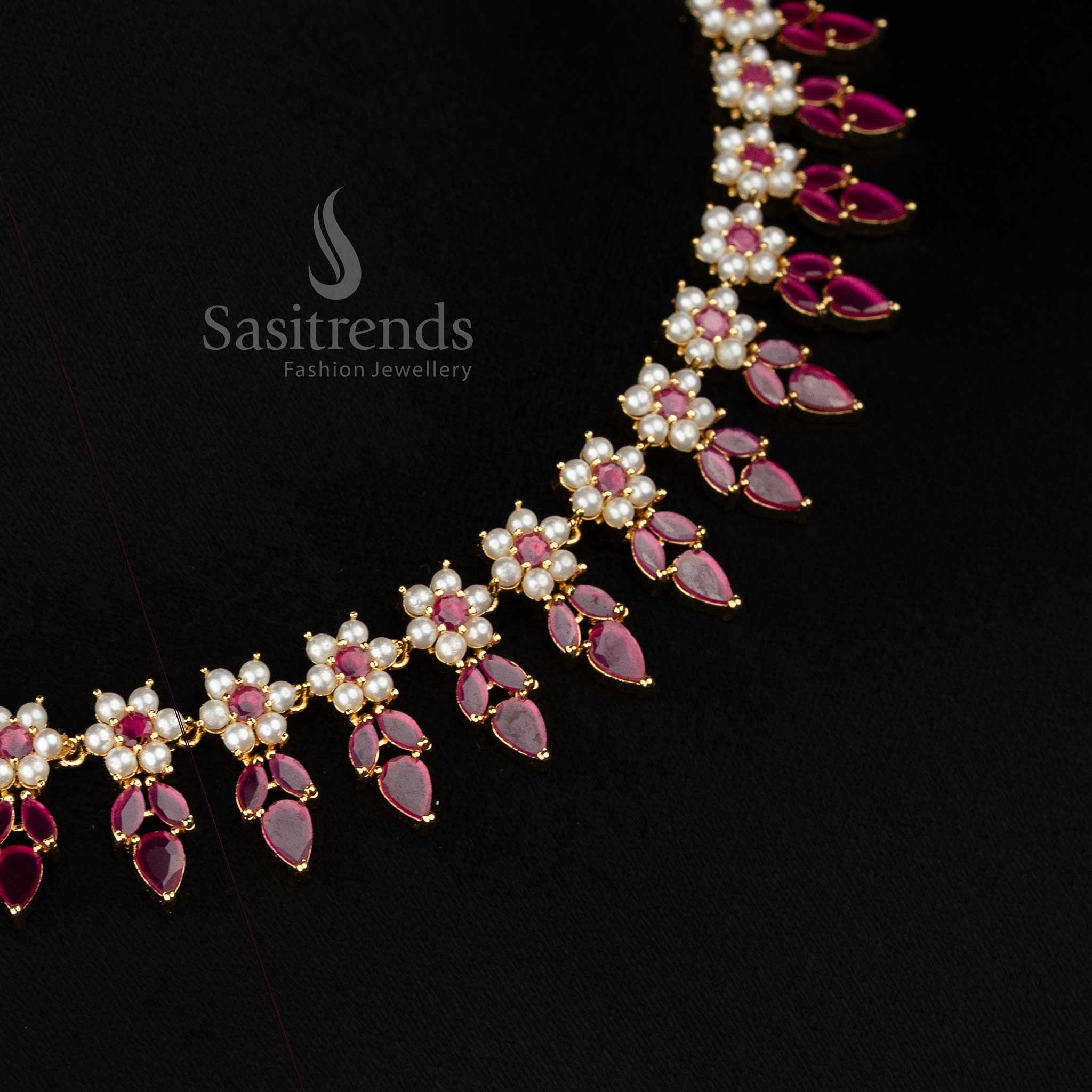 JewelTwig designed micro gold plated pearl ruby floral teardrop leaf American diamond Necklace for stylish party wear - Sasitrends
