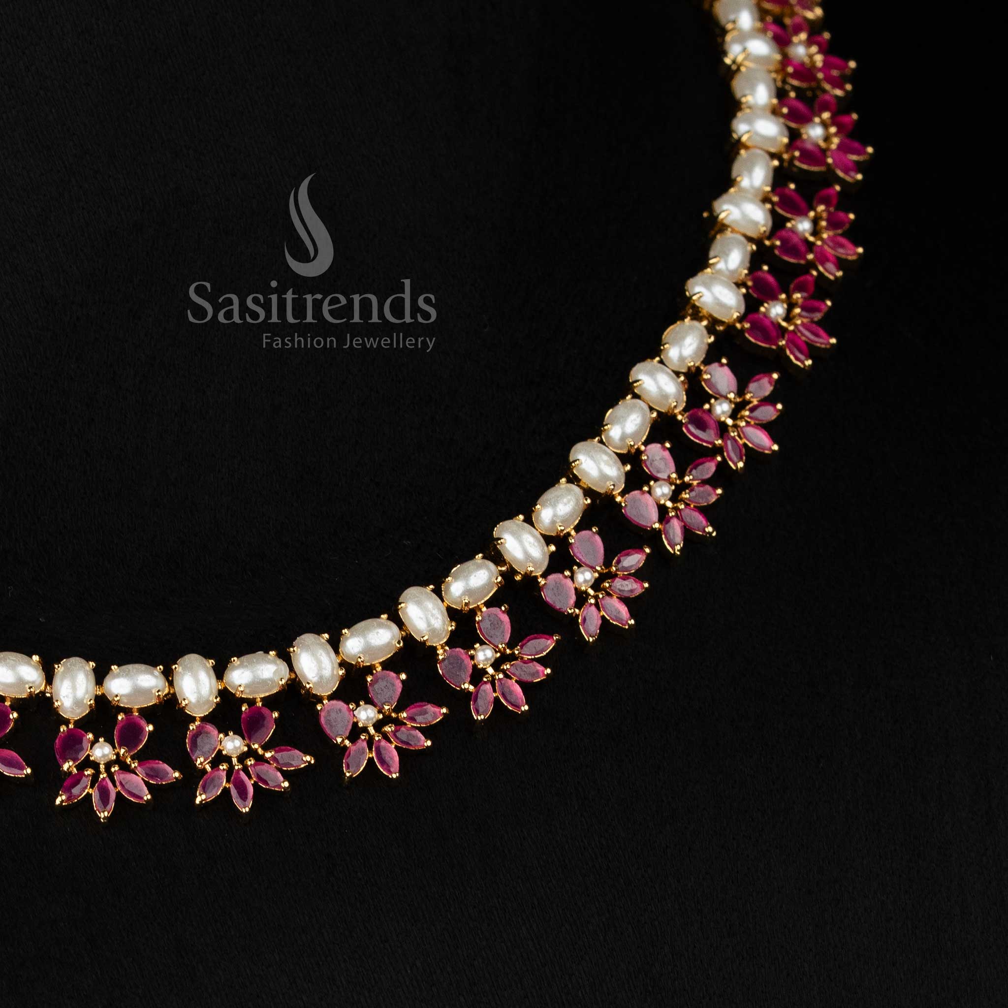 RoyalGlimmer micro gold plated pearl ruby leaf floral oval cluster necklace set designed for elite evening events - Sasitrends