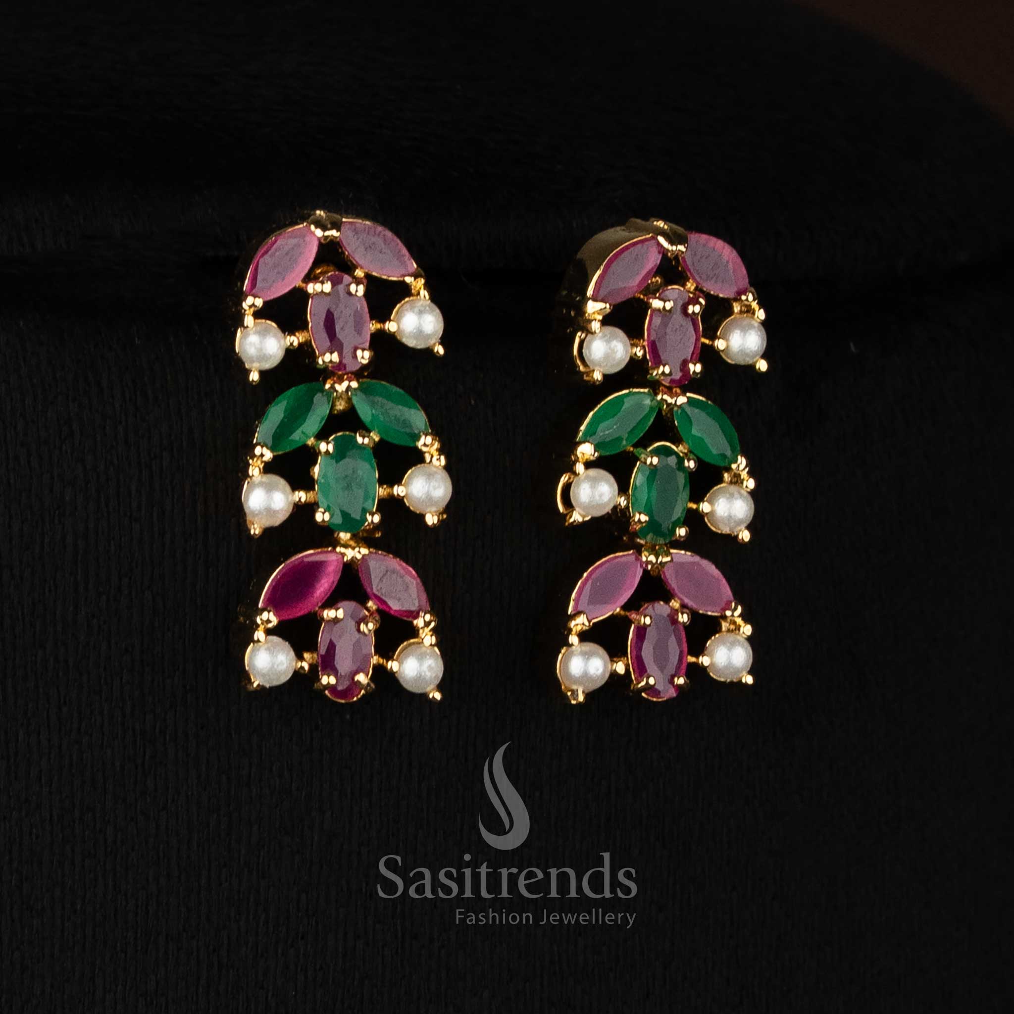 AuraLine styled micro gold plated ruby green AD crescent teardrop and round earrings featuring pearl highlights for celebration styling-Sasitrends