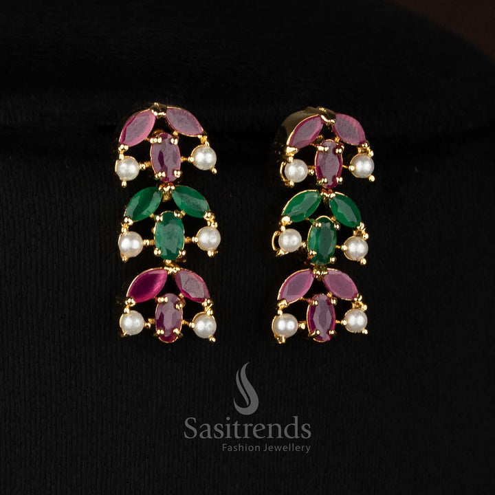 AuraLine styled micro gold plated ruby green AD crescent teardrop and round earrings featuring pearl highlights for celebration styling-Sasitrends