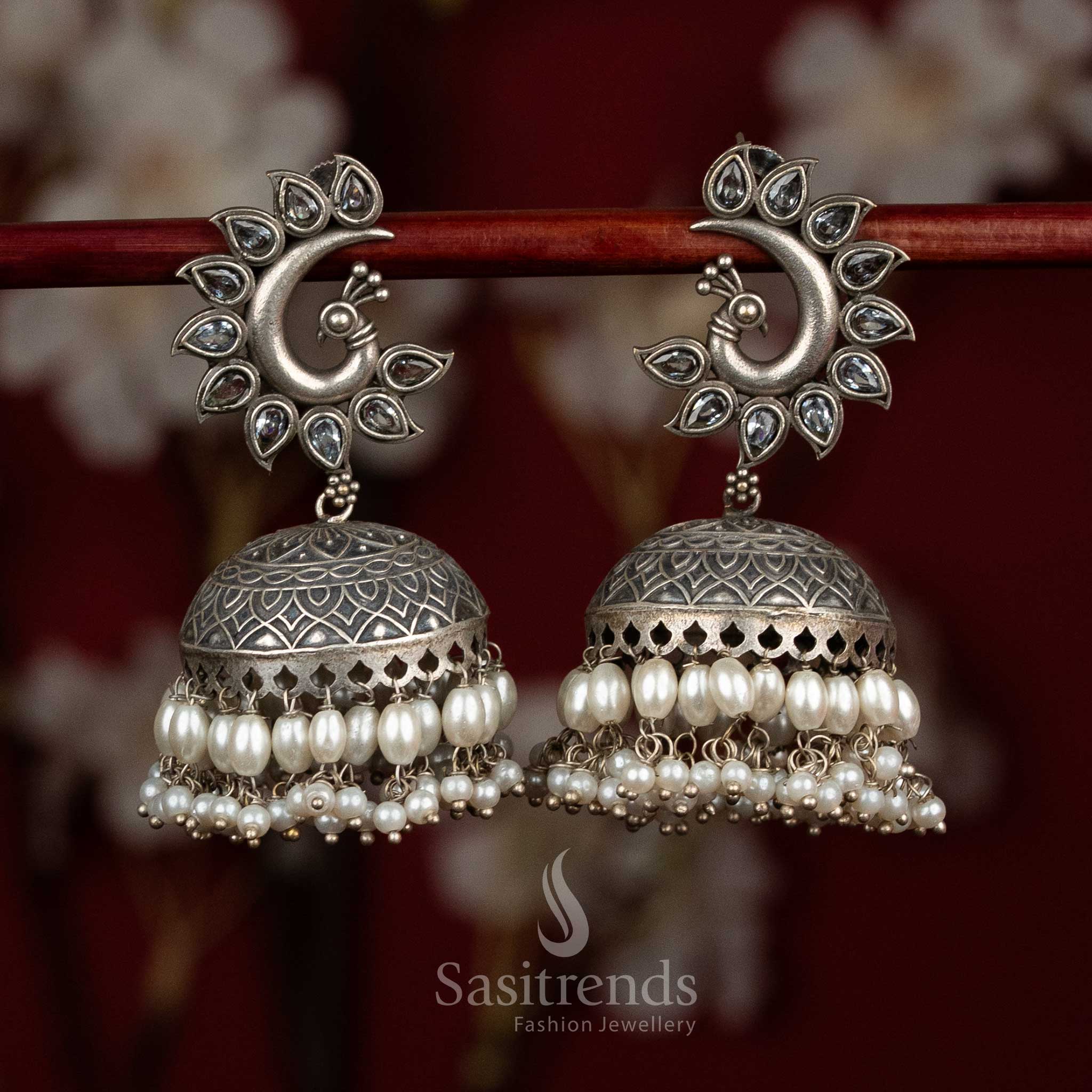 Moonlit oxidised 92.5 silver white peacock dome jhumka earrings with pearl fringes for elegant festive - jewellery - Sasitrends