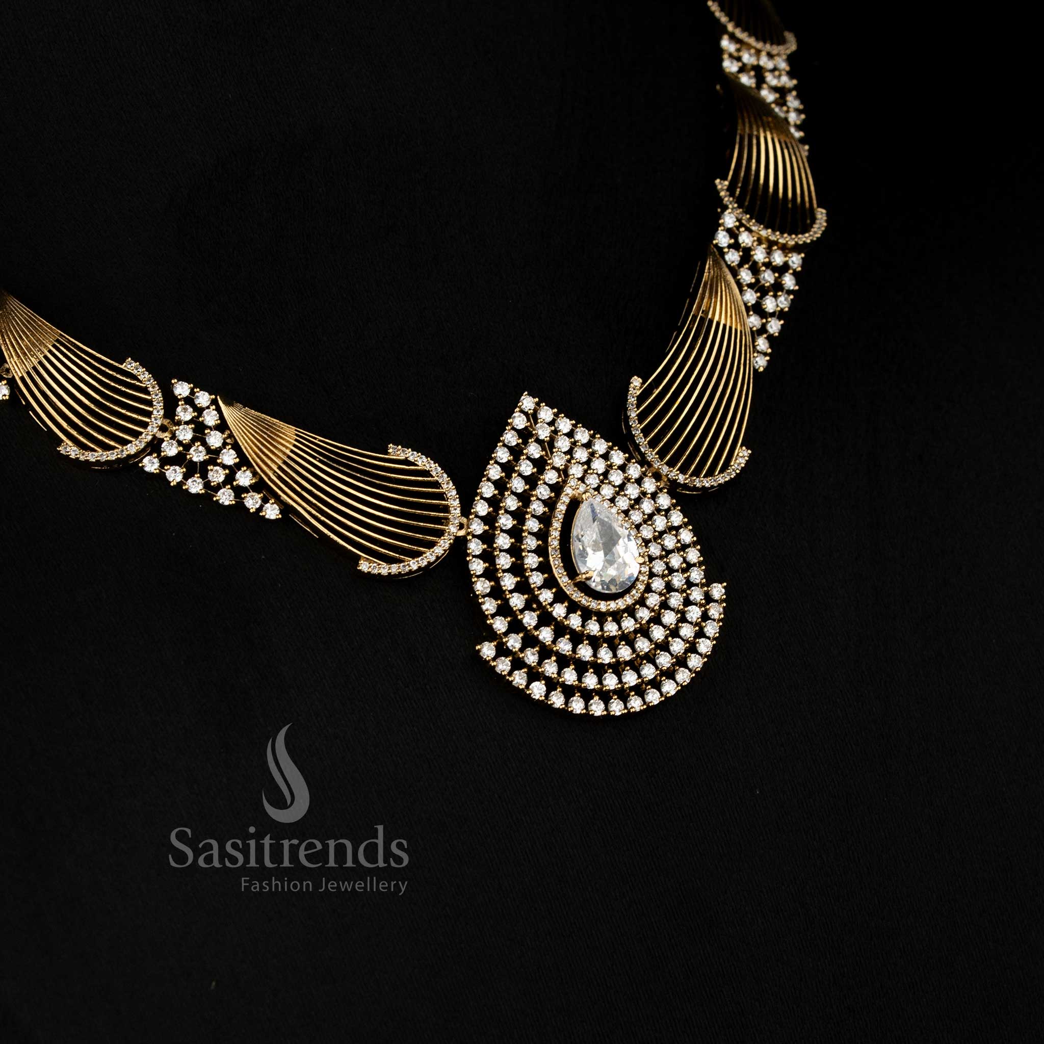 Pearl Glint mehendi gold coated white AD stone teardrop necklace set perfect for intimate functions, gatherings, and party-ready sophistication – Sasitrends