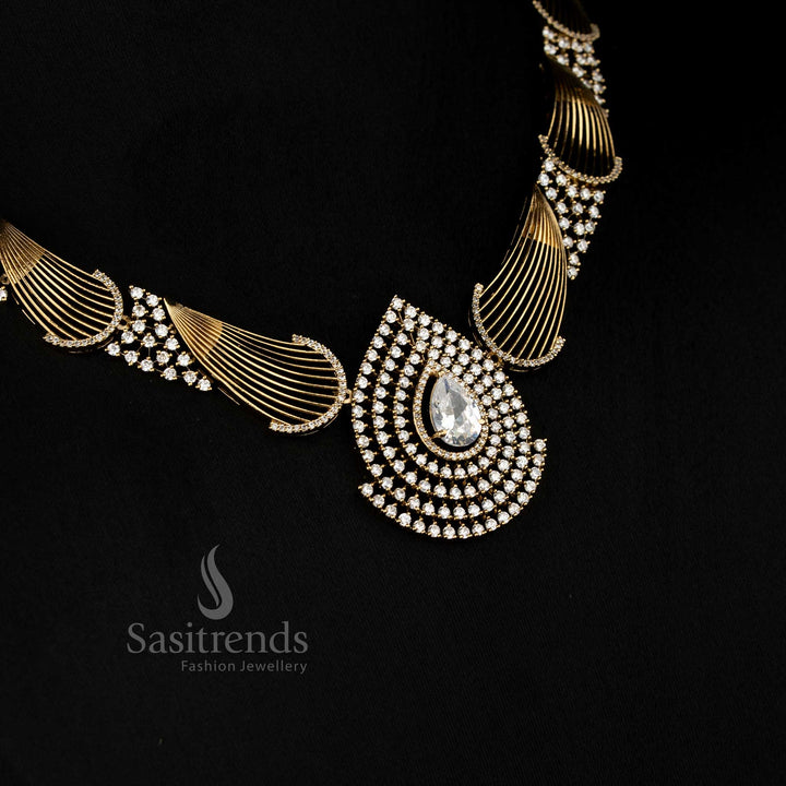 Pearl Glint mehendi gold coated white AD stone teardrop necklace set perfect for intimate functions, gatherings, and party-ready sophistication – Sasitrends