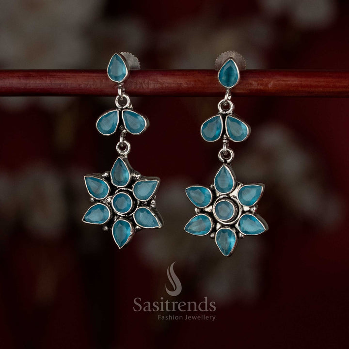 Azure sky-blue oxidised pear-petal rosette earrings for casual fashion looks – Sasitrends