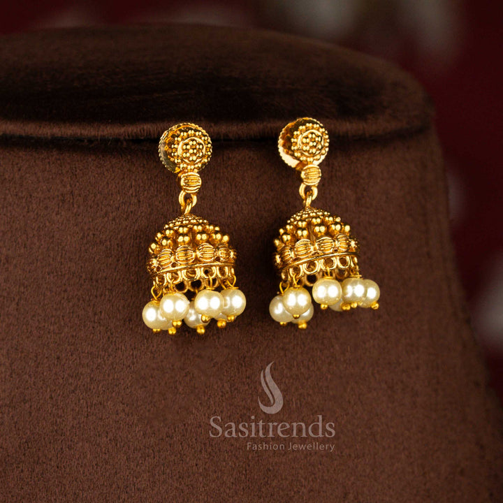 Temple matte gold plated jhumka earrings designed with classic dome detailing for women traditional wear – Sasitrends