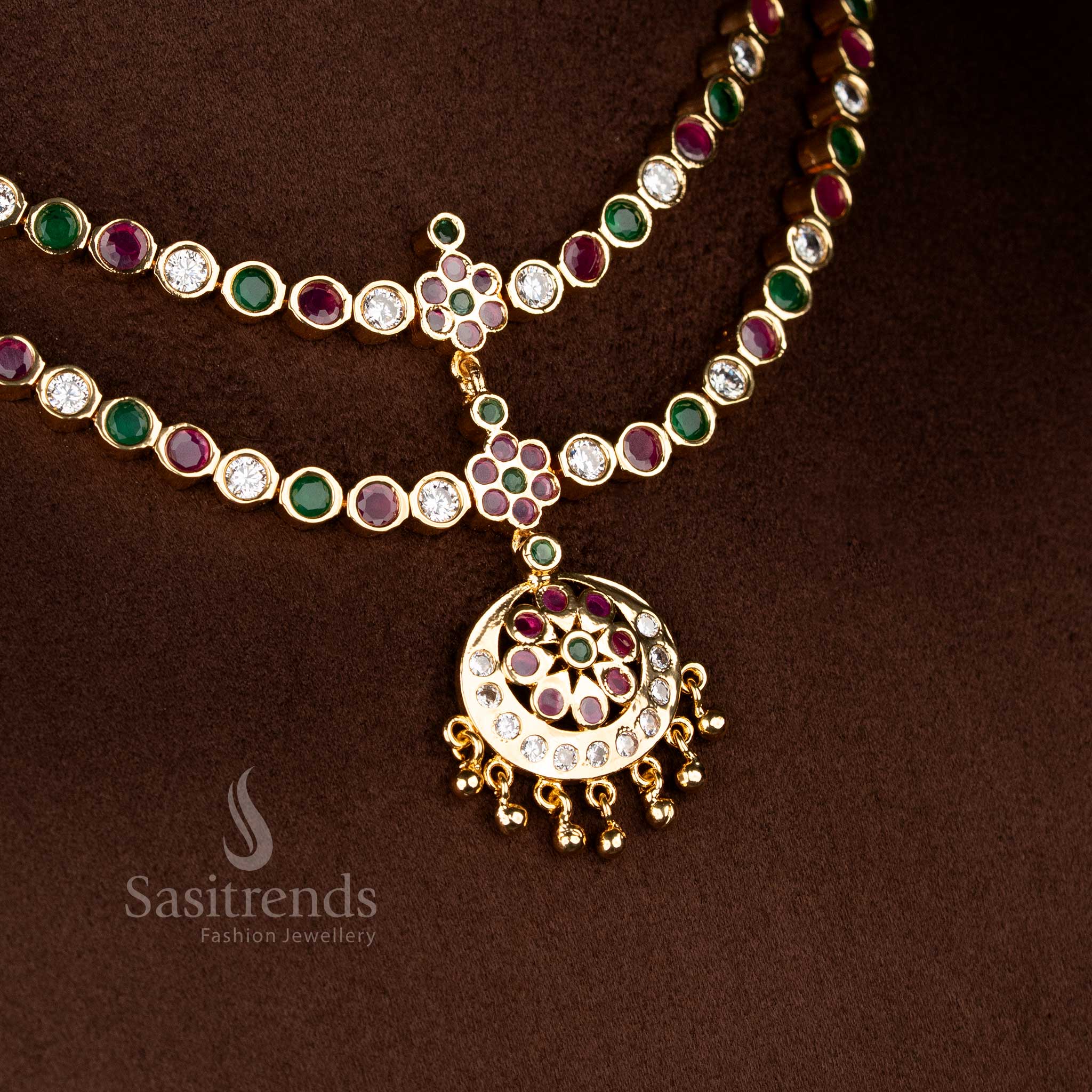 Exquisite traditional multi colour micro gold plated crescent floral round stone layered attigai necklace for ethnic elegance jewellery - Sasitrends