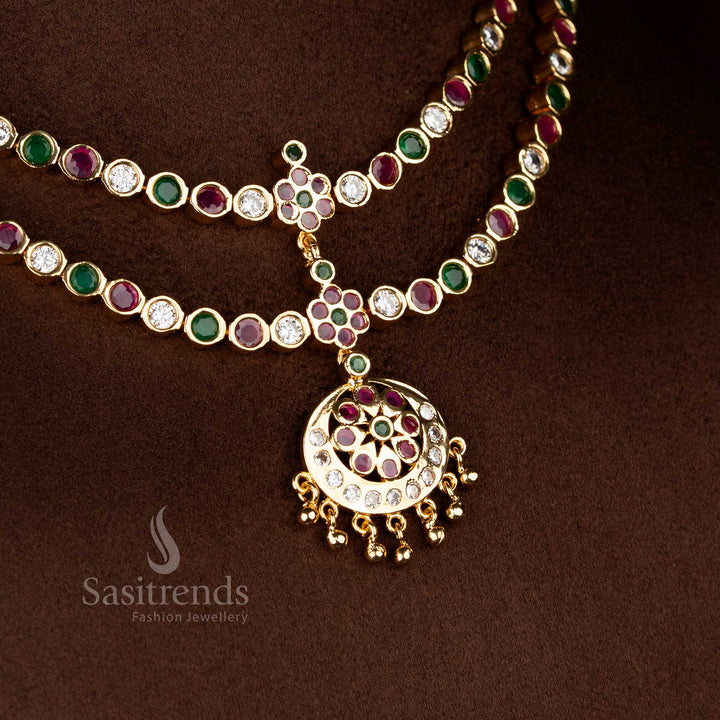 Exquisite traditional multi colour micro gold plated crescent floral round stone layered attigai necklace for ethnic elegance jewellery - Sasitrends