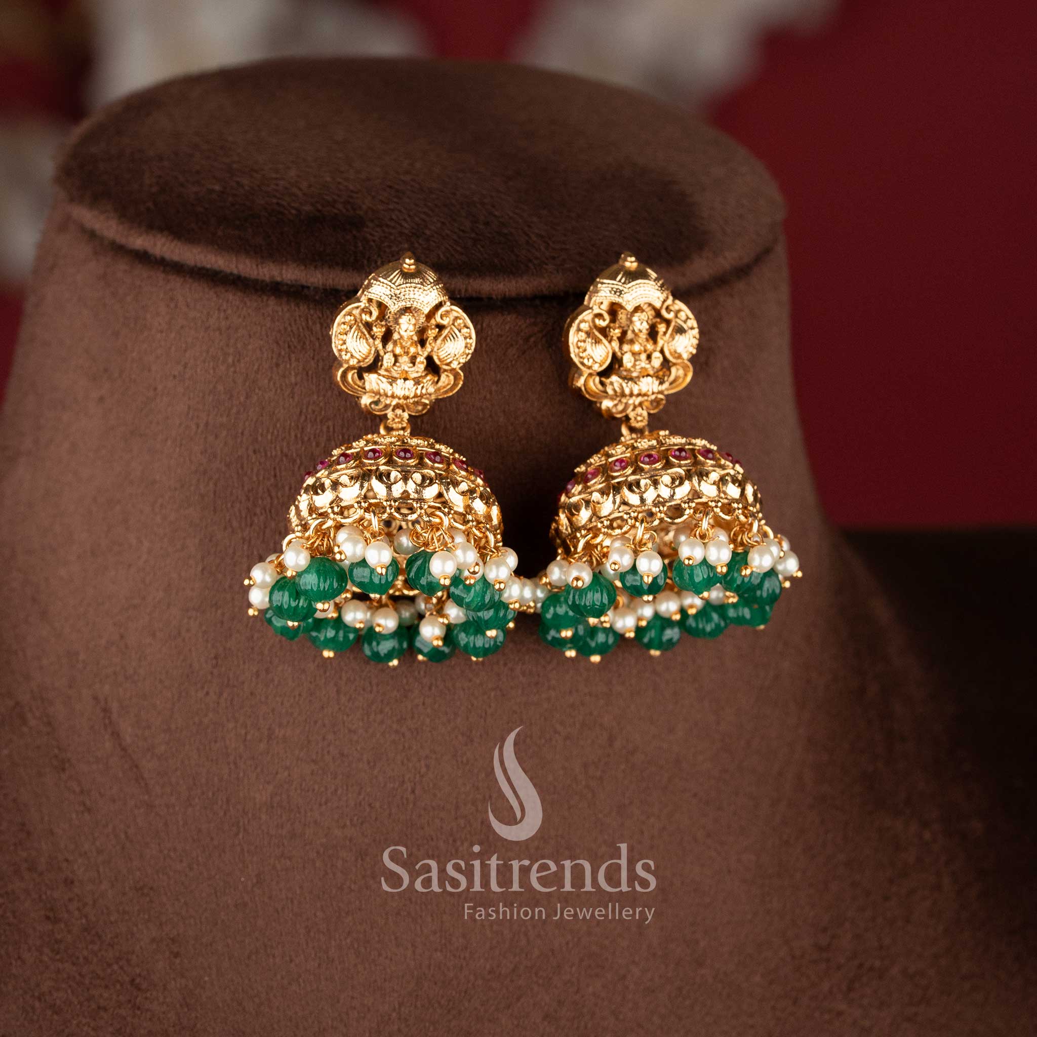 New Bridal Wear Temple Matte Gold Plated Lakshmi Peacock Necklace Jewellery Set for Women with Jhumkas - Latest Traditional Jewellery