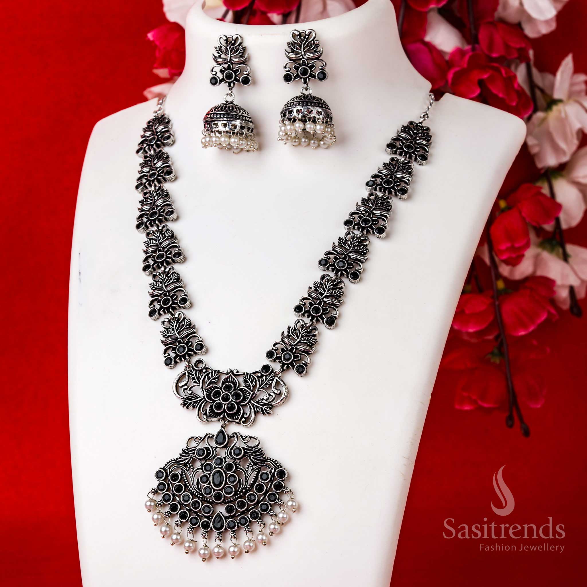 Stunning Floral Pendant For Party Wear Oxidised Stones Jewellery Set with Pearl Jhumkas | Sasitrends