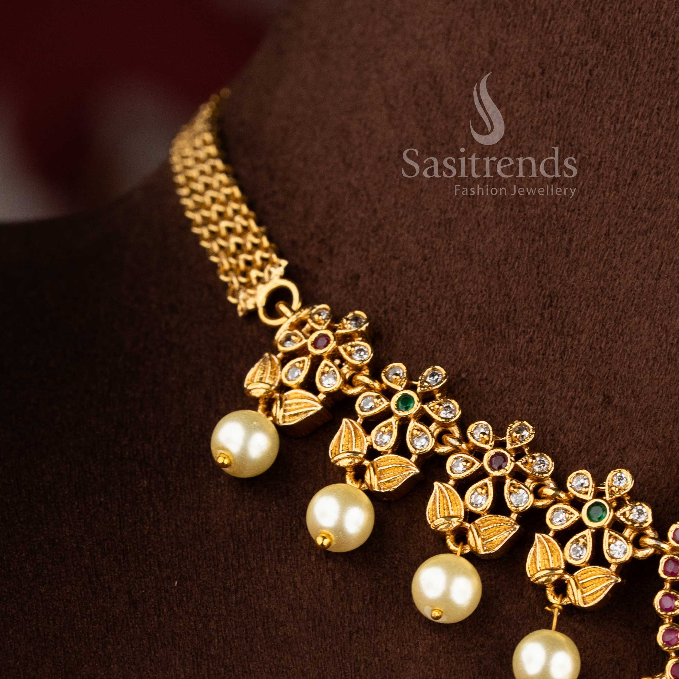 Beautiful Matte Gold Plated AD Stone Studded Peacock Floral Choker Necklace Jewellery Set – Sasitrends