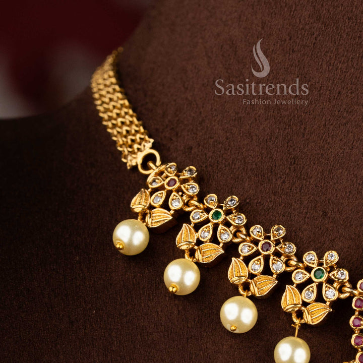 Beautiful Matte Gold Plated AD Stone Studded Peacock Floral Choker Necklace Jewellery Set – Sasitrends