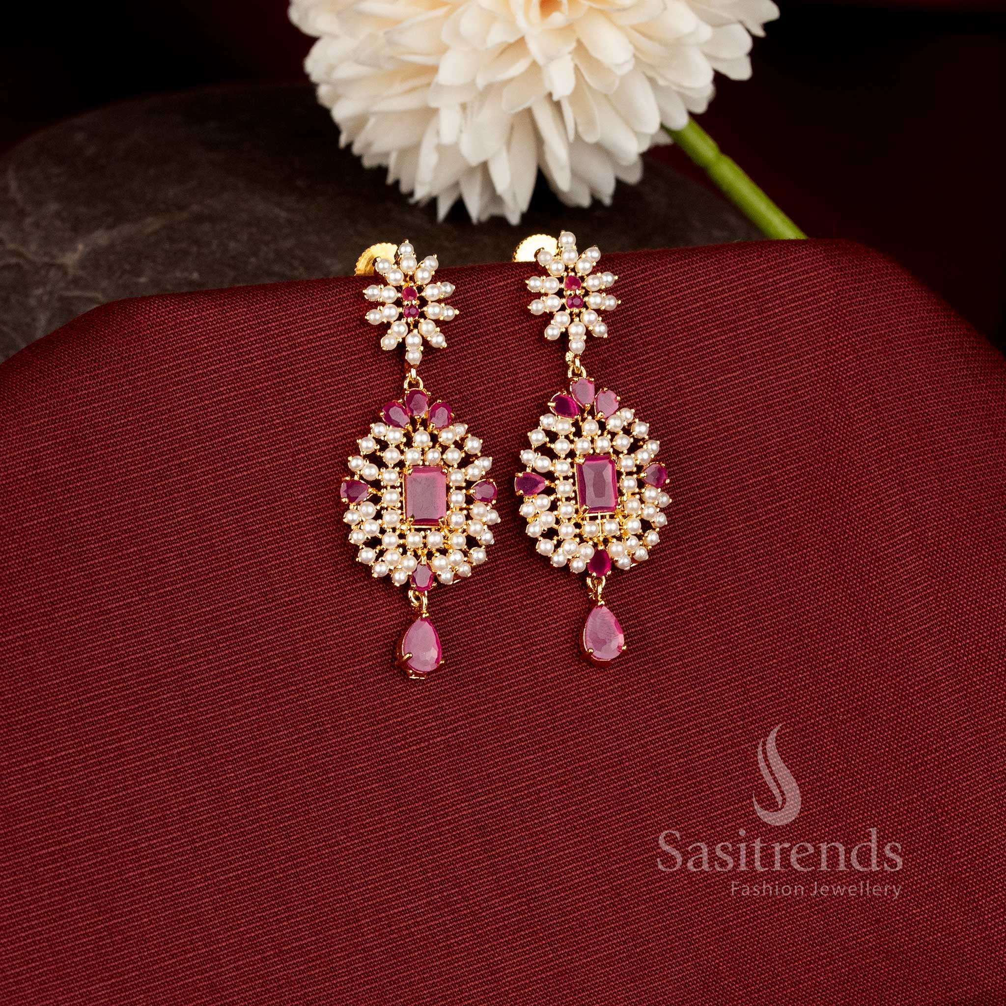 Royal Celestial Bloom Micro Gold Plated Floral Drop Earrings for Women - Sasitrends
