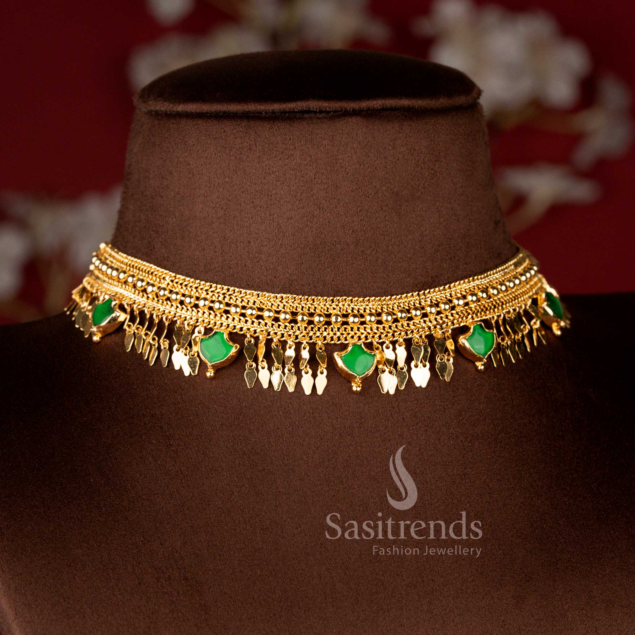 One Gram Micro Gold Plated Palakka Elachi Choker Necklace For Traditional Wear - Sasitrends
