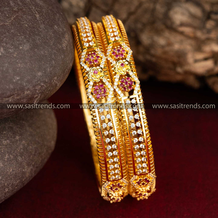  Micro Gold Plated White-Ruby AD Stone Bangles