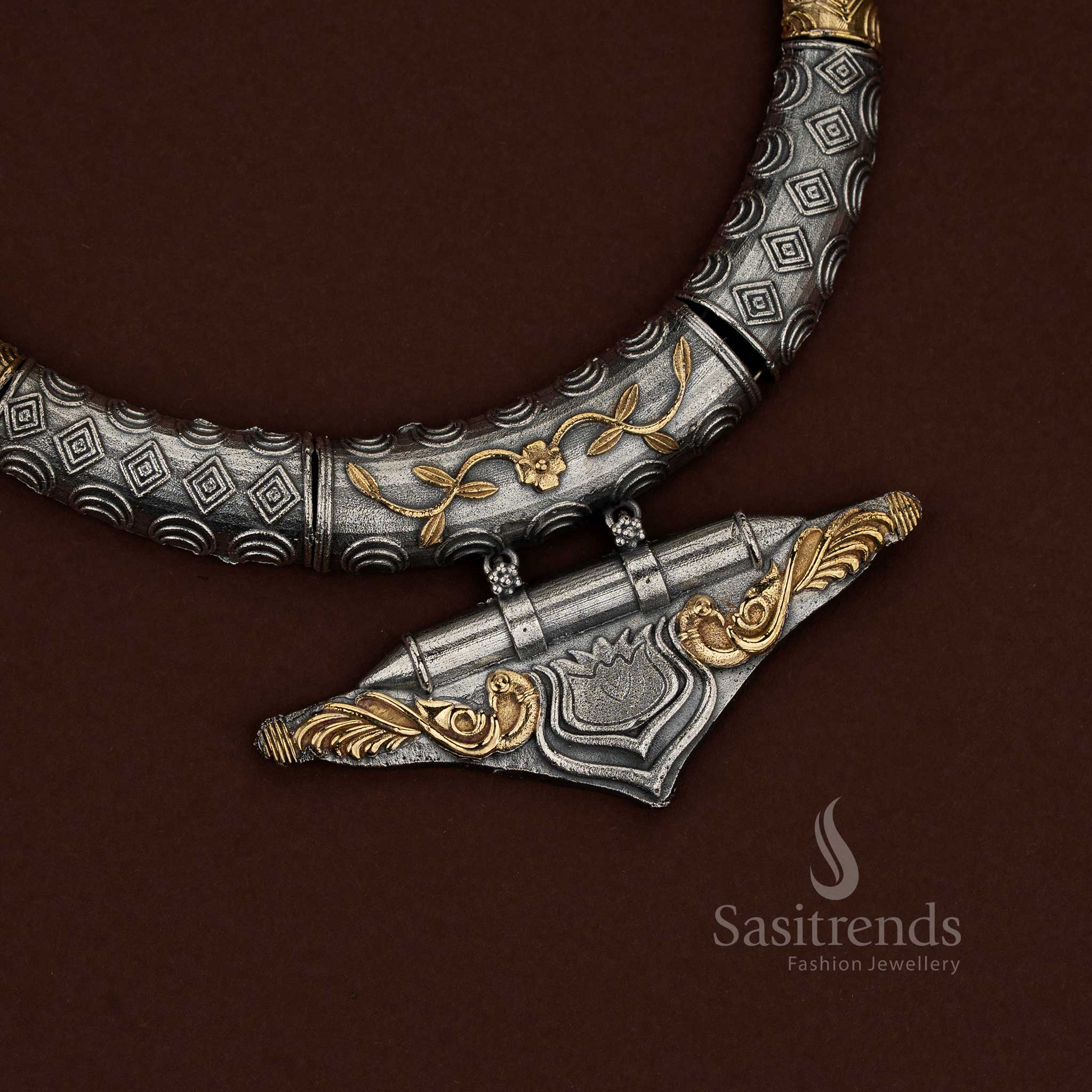Collection of Premium Rich Look Attractive 92.5 Dual Tone Silver Oxidised Plated Husli Necklace Jewellery Set - Sasitrends