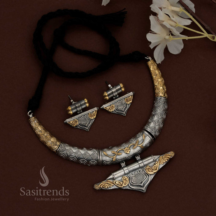 Collection of Premium Rich Look Attractive 92.5 Dual Tone Silver Oxidised Plated Husli Necklace Jewellery Set - Sasitrends