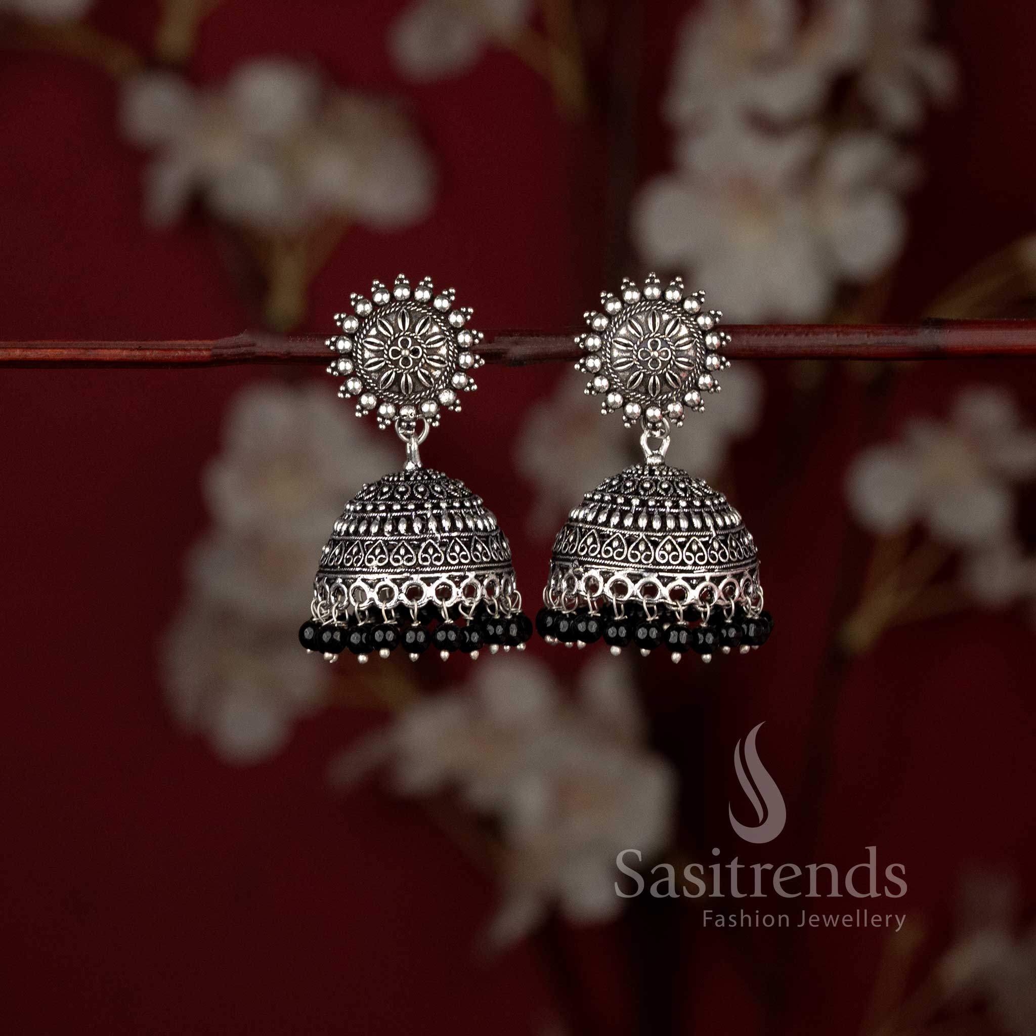Oxidised Sunburst Floral Stud Bead Fringe Dome Jhumka Earrings - Sasitrends