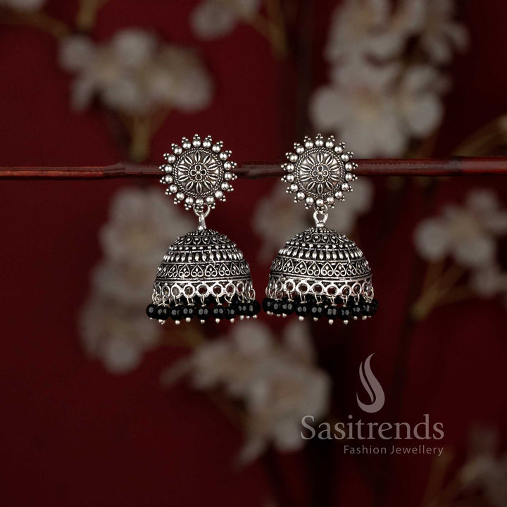 Oxidised Sunburst Floral Stud Bead Fringe Dome Jhumka Earrings - Sasitrends