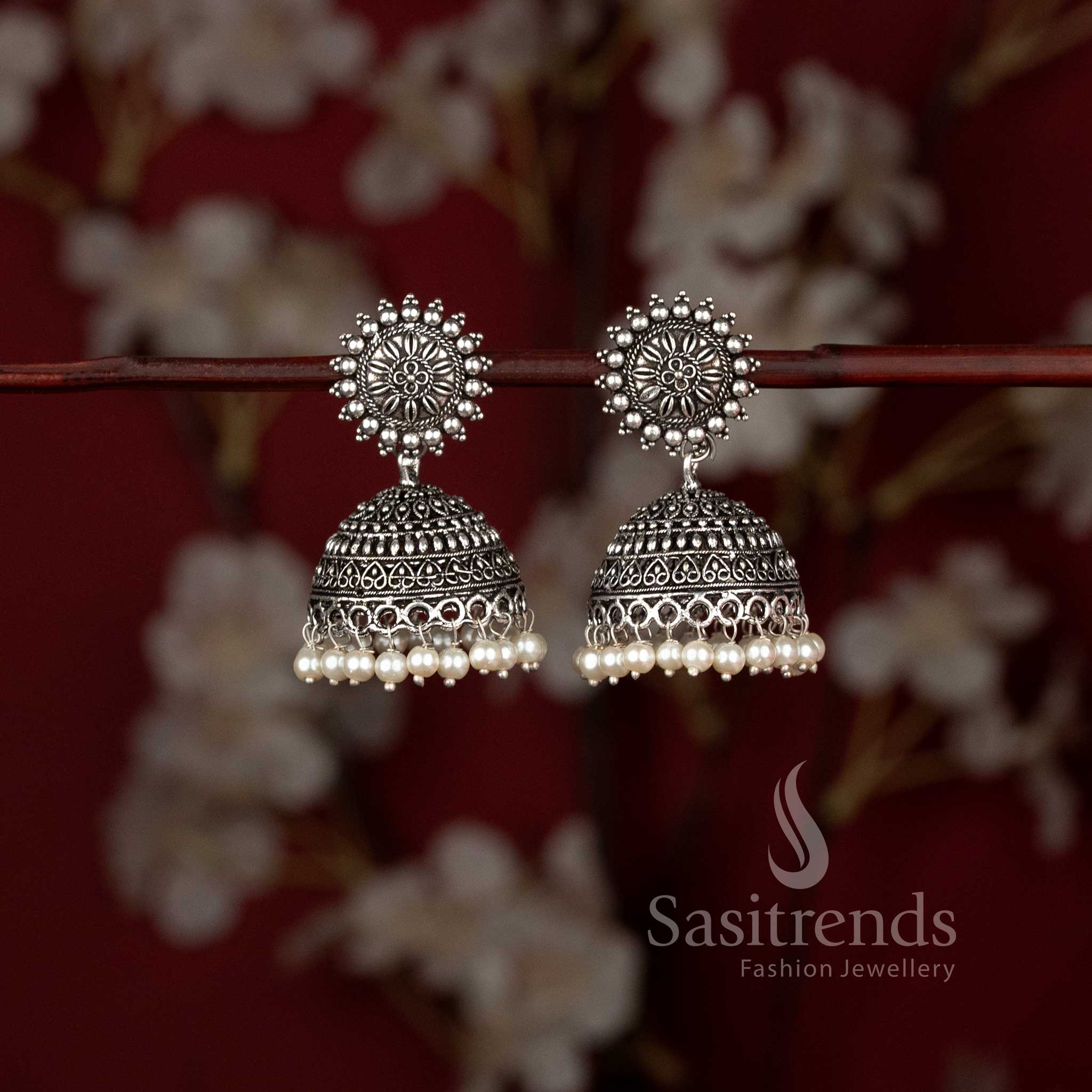 Oxidised Sunburst Floral Stud Bead Fringe Dome Jhumka Earrings - Sasitrends