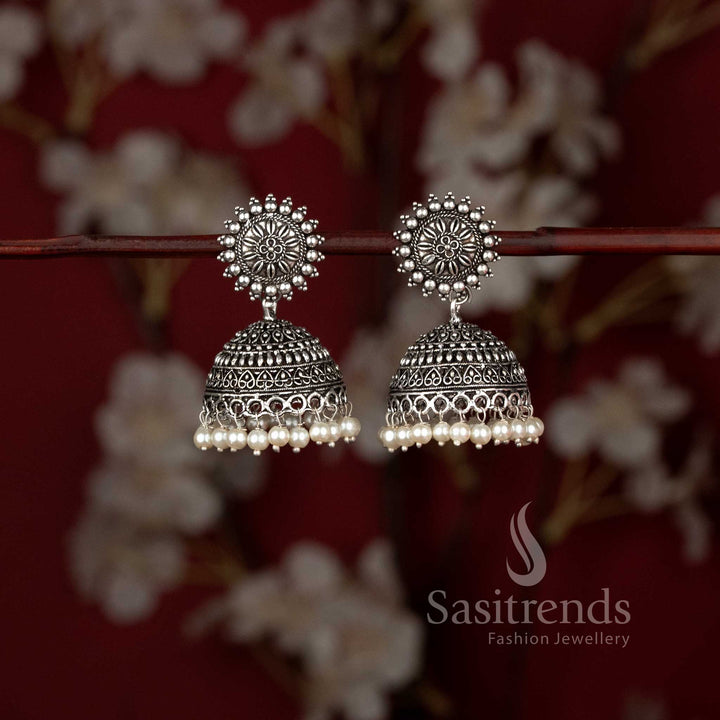 Oxidised Sunburst Floral Stud Bead Fringe Dome Jhumka Earrings - Sasitrends