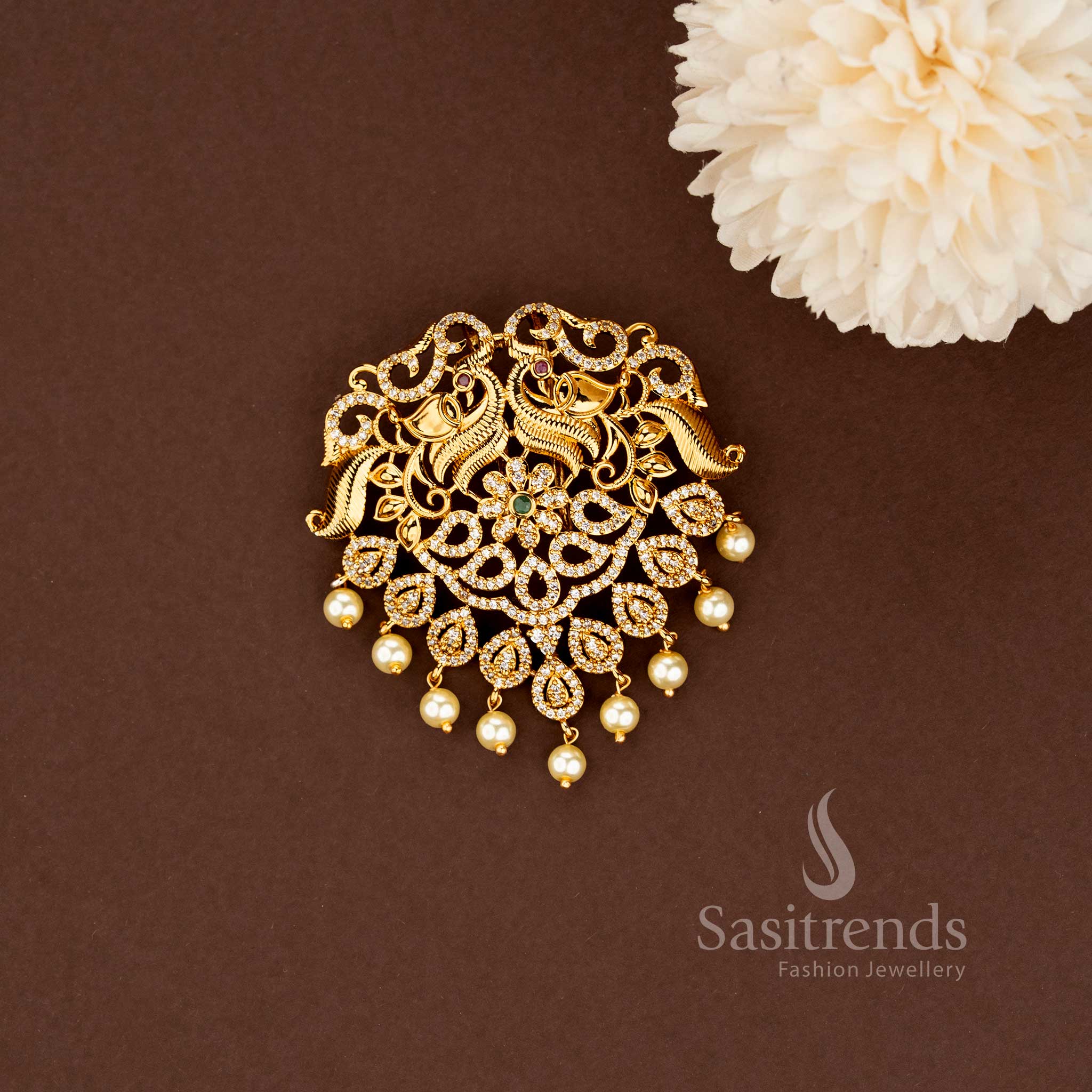 Premium Luxury Temple Matte Gold Plated Peacock AD Stone Jadai Billai For Bridal Wear - Sasitrends