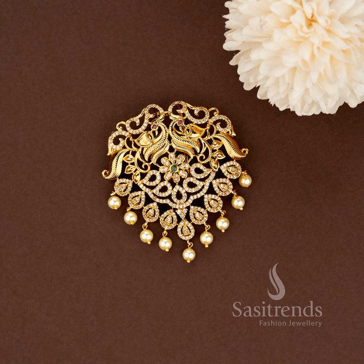 Premium Luxury Temple Matte Gold Plated Peacock AD Stone Jadai Billai For Bridal Wear - Sasitrends