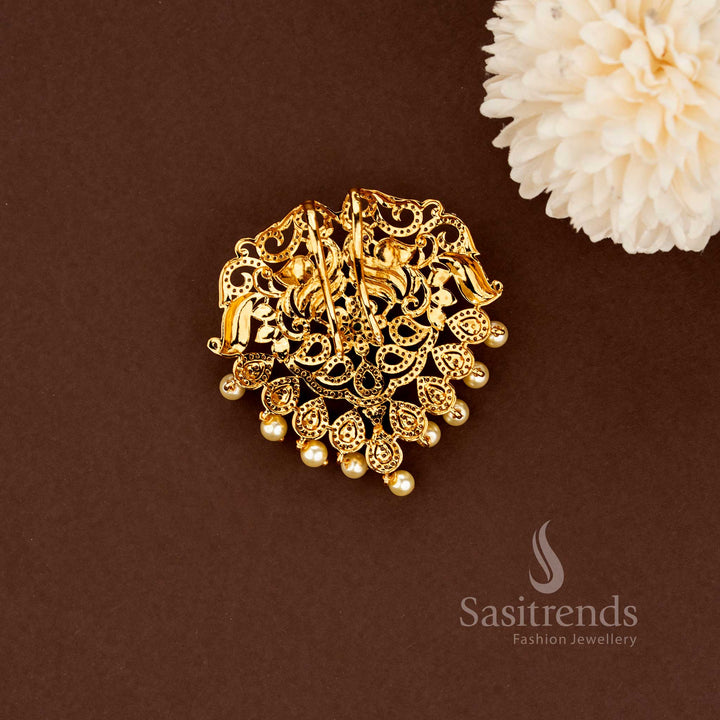 Premium Luxury Temple Matte Gold Plated Peacock AD Stone Jadai Billai For Bridal Wear - Sasitrends