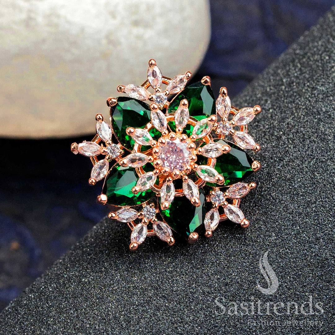 Exquisite Rose Gold Finished Floral Ring with American Diamonds - Trendy Party Wear for Women - Online Shopping - Sasitrends