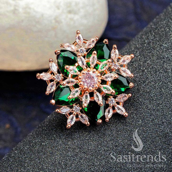 Exquisite Rose Gold Finished Floral Ring with American Diamonds - Trendy Party Wear for Women - Online Shopping