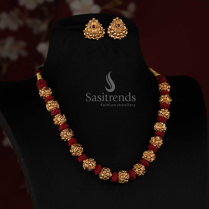 Antique Gola Plated Ornate Round Golden Beads Thread Mala Necklace Set with Floral Round Stud Earrings