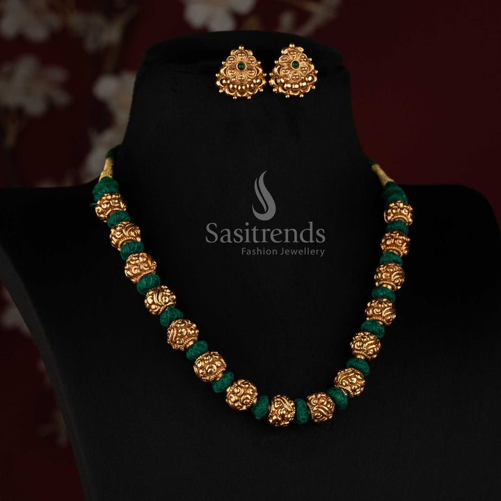 Antique Gola Plated Ornate Round Golden Beads Thread Mala Necklace Set with Floral Round Stud Earrings