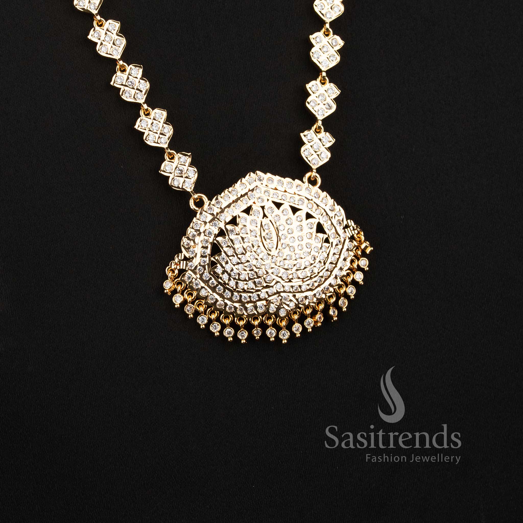 Traditional Guaranteed Impon AD Micro Gold Plated Lotus Floral Long Haram Necklace - Sasitrends