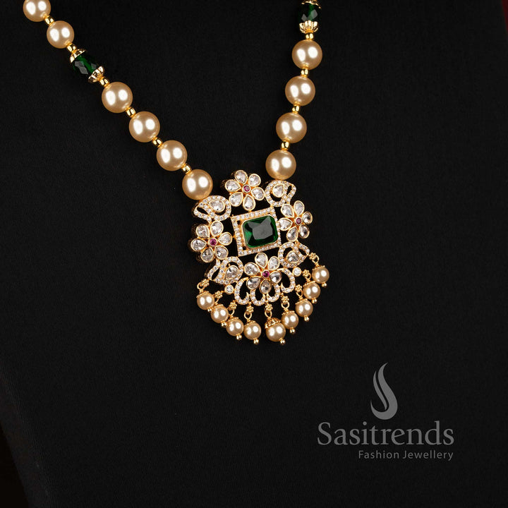 Sasitrends Premium Micro Gold Plated pearl strand necklace with square American Diamond pendant and cascading pearl drops 