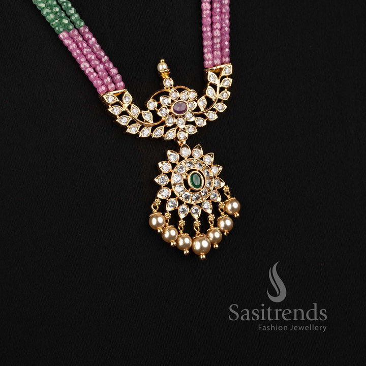 2534E micro gold plated pearl layered necklace set with American Diamond pendant for women Sasitrends