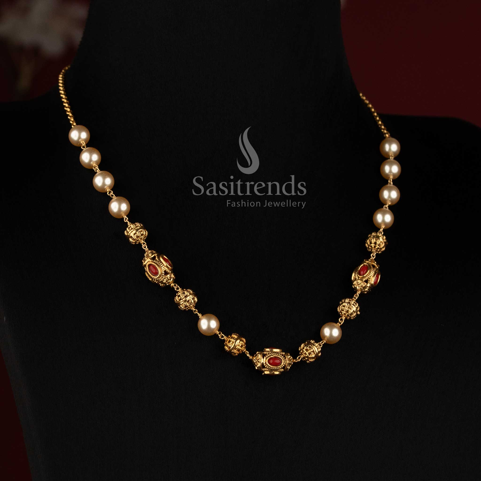 Traditional Antique Gold Plated Pearl Mala Necklace with Coral Studded Filigree Beads & Sculpted Spherical Motifs