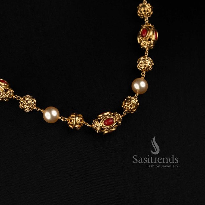 Traditional Antique Gold Plated Pearl Mala Necklace with Coral Studded Filigree Beads & Sculpted Spherical Motifs