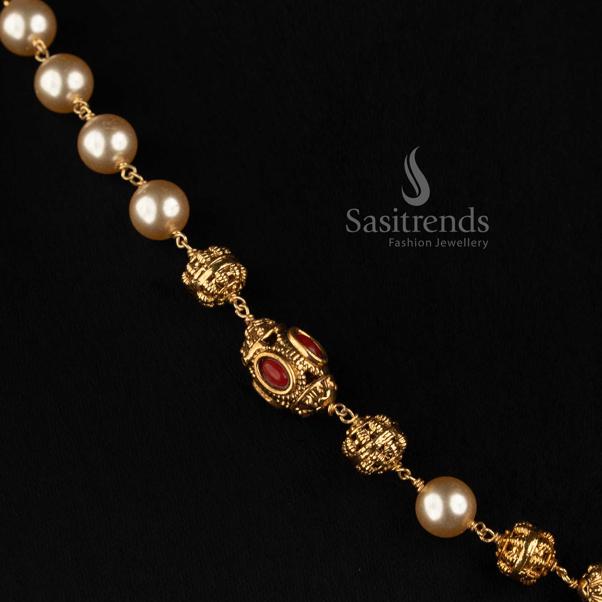 Traditional Antique Gold Plated Pearl Mala Necklace with Coral Studded Filigree Beads & Sculpted Spherical Motifs