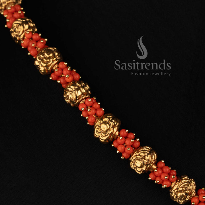 Antique Gold Plated Pearl & Bead Cluster Necklace Set with Floral Ear Studs - Sasitrends