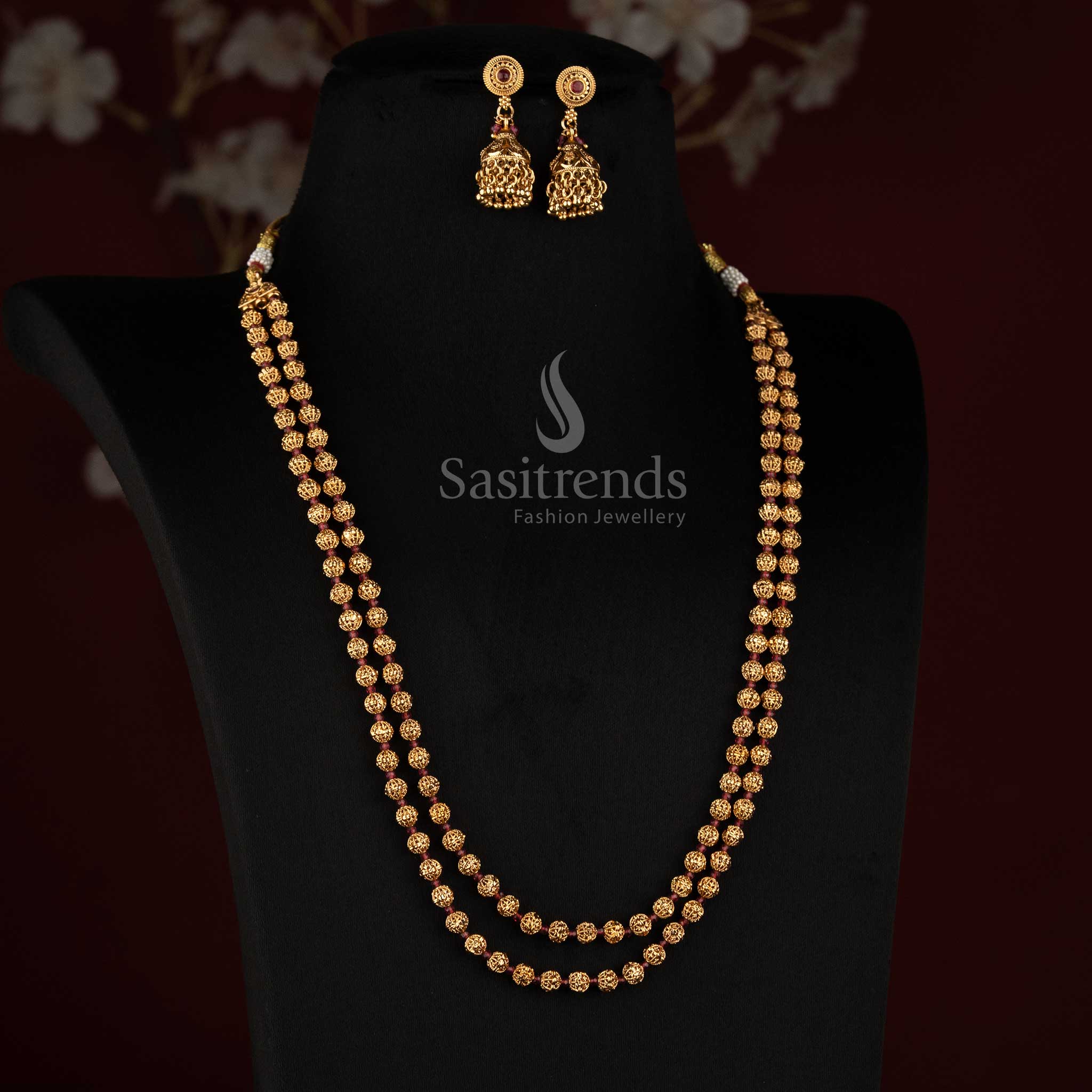 3031G antique gold plated double strand traditional bead necklace jewellery set by Sasitrends